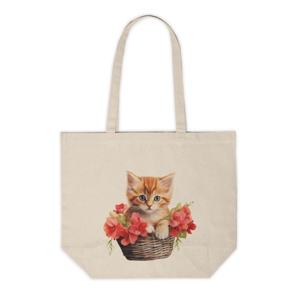 Floral Cat in a Basket Custom Canvas Tote Bag
